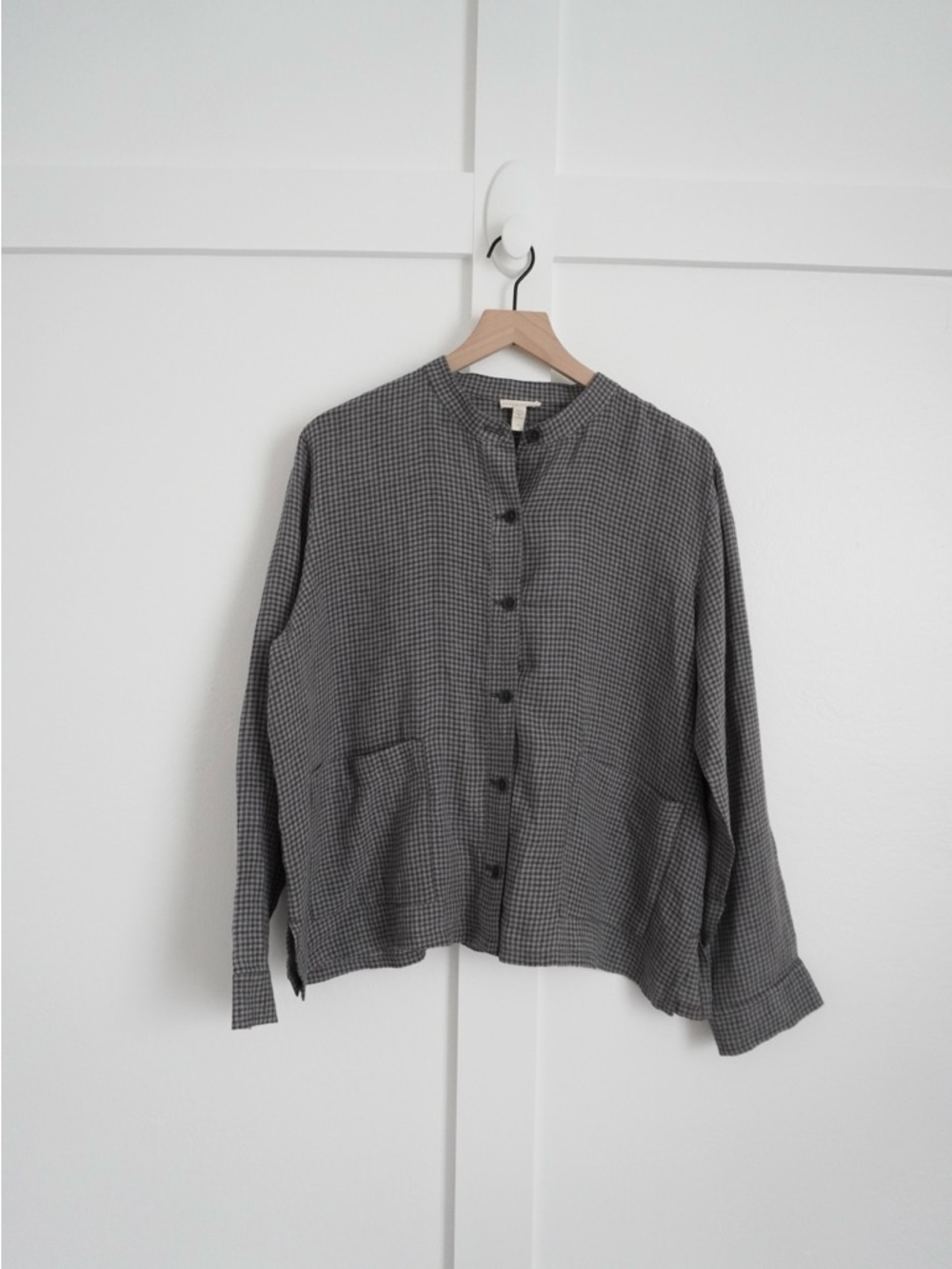 Eileen Fisher Linen Gingham Mandarin Collar Jacket - Picture 2 of 4
